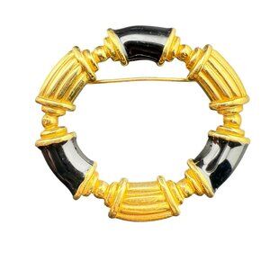 Monet Gold-Tone Circle Brooch With Black Enamel Accent Vintage Pin Jewelry Acces